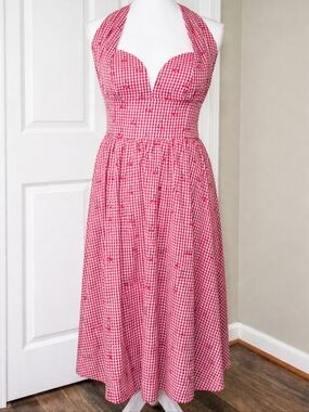 Unique Vintage Red Gingham One-Shoulder Midi Dress